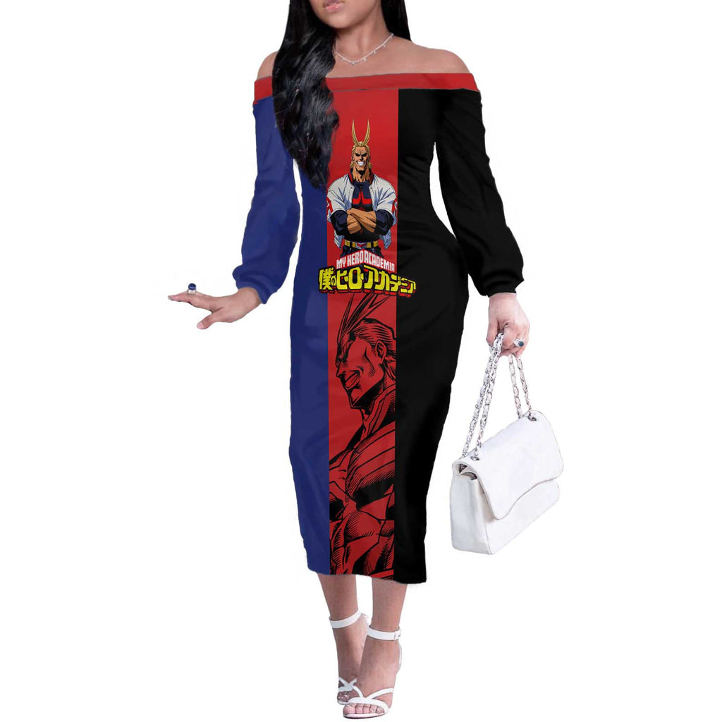 All Might My Hero Academia Off The Shoulder Long Sleeve Dress Red and Blue Theme - The Mazicc