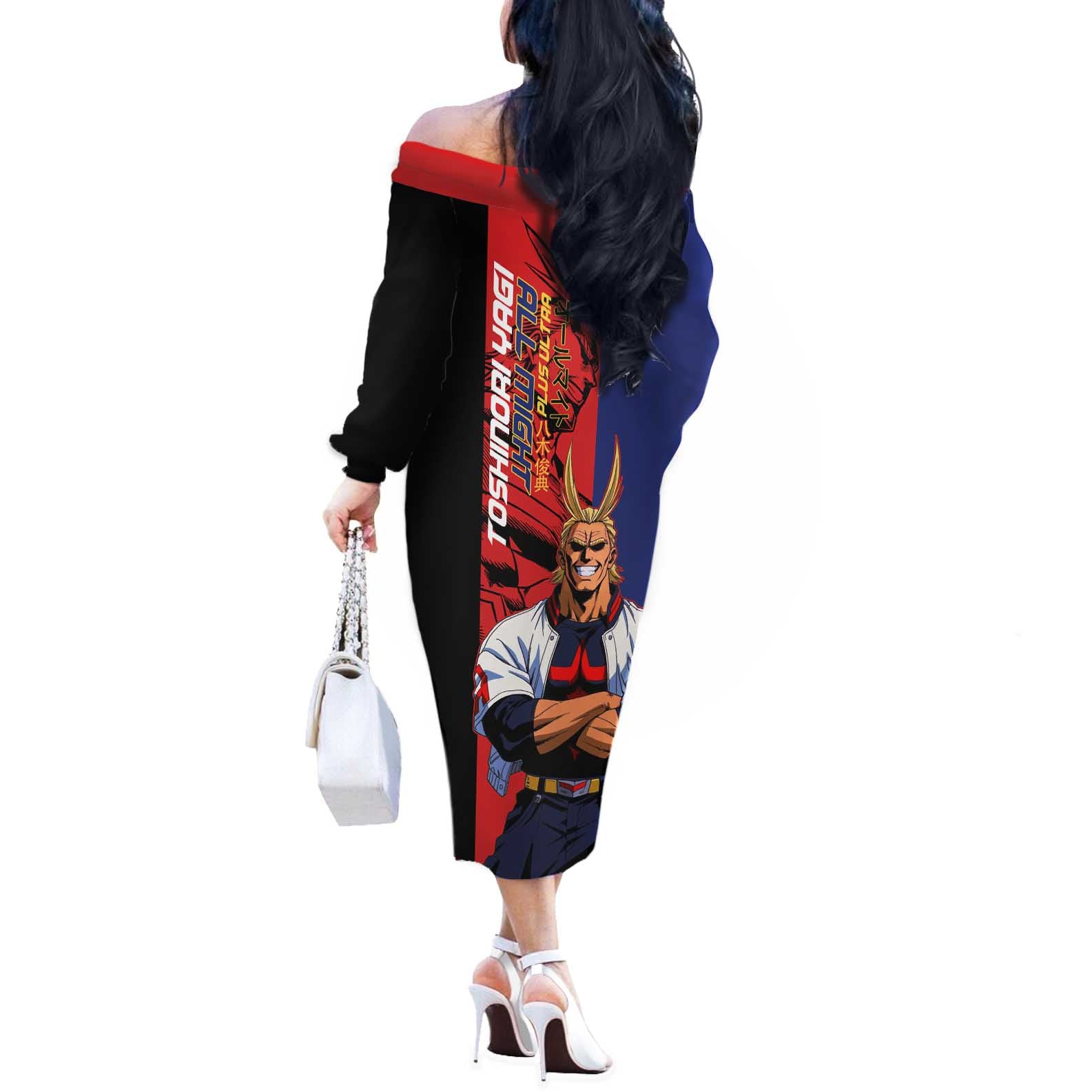 All Might My Hero Academia Off The Shoulder Long Sleeve Dress Red and Blue Theme - The Mazicc