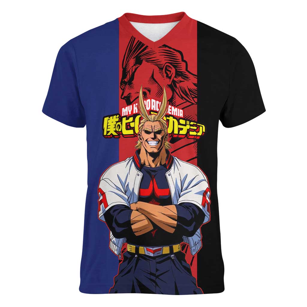 All Might My Hero Academia Women V-Neck T-Shirt Red and Blue Theme - The Mazicc
