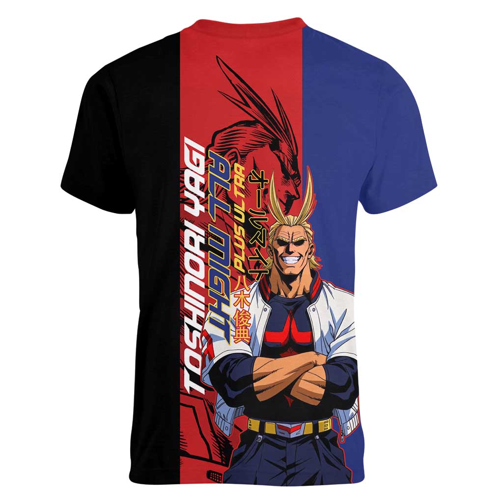 All Might My Hero Academia Women V-Neck T-Shirt Red and Blue Theme - The Mazicc