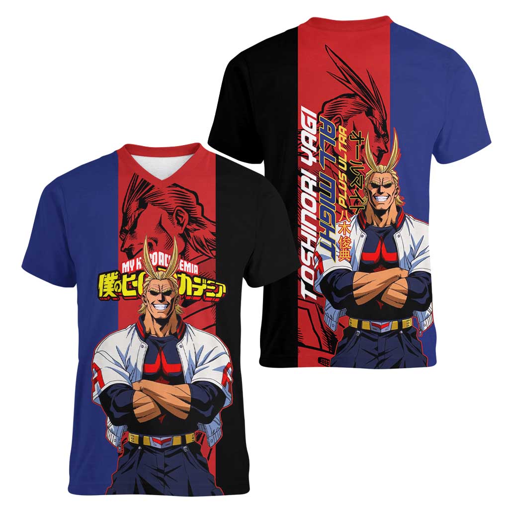 All Might My Hero Academia Women V-Neck T-Shirt Red and Blue Theme - The Mazicc