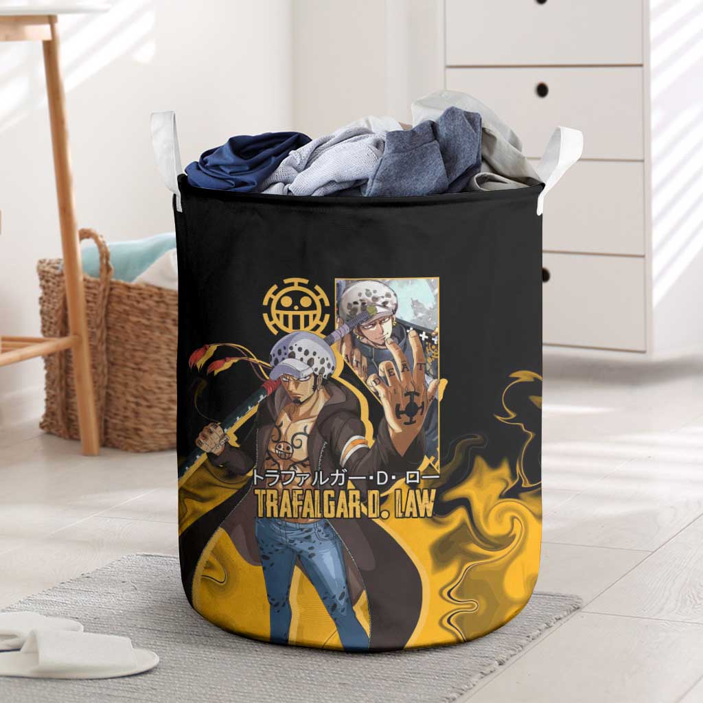 Trafalgar D. Law One Piece Black and Yellow Theme Laundry Basket with Heart Pirates Symbol and Flame Pattern Design - The Mazicc