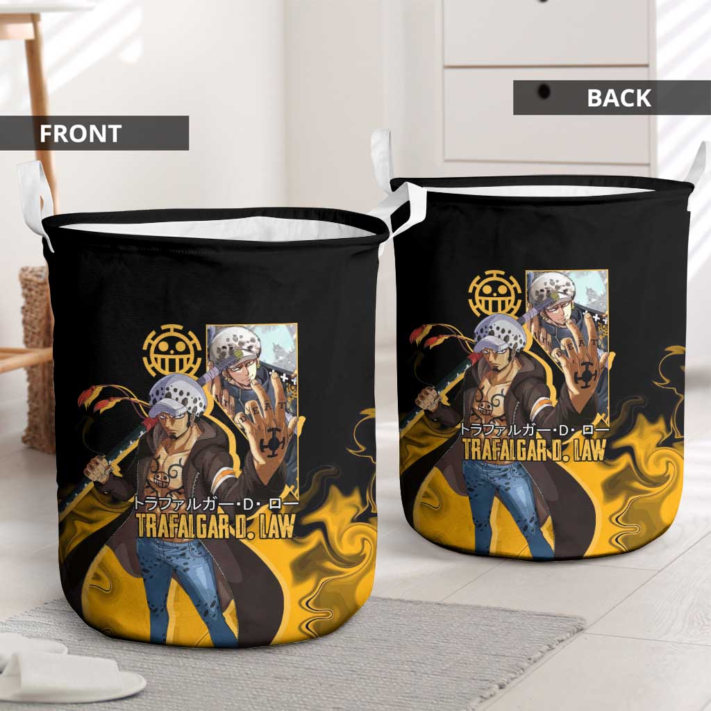 Trafalgar D. Law One Piece Black and Yellow Theme Laundry Basket with Heart Pirates Symbol and Flame Pattern Design - The Mazicc