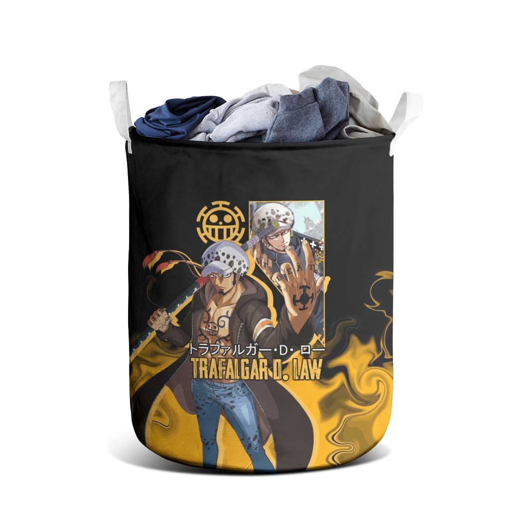 Trafalgar D. Law One Piece Black and Yellow Theme Laundry Basket with Heart Pirates Symbol and Flame Pattern Design - The Mazicc