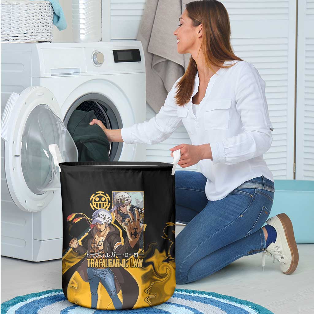 Trafalgar D. Law One Piece Black and Yellow Theme Laundry Basket with Heart Pirates Symbol and Flame Pattern Design - The Mazicc