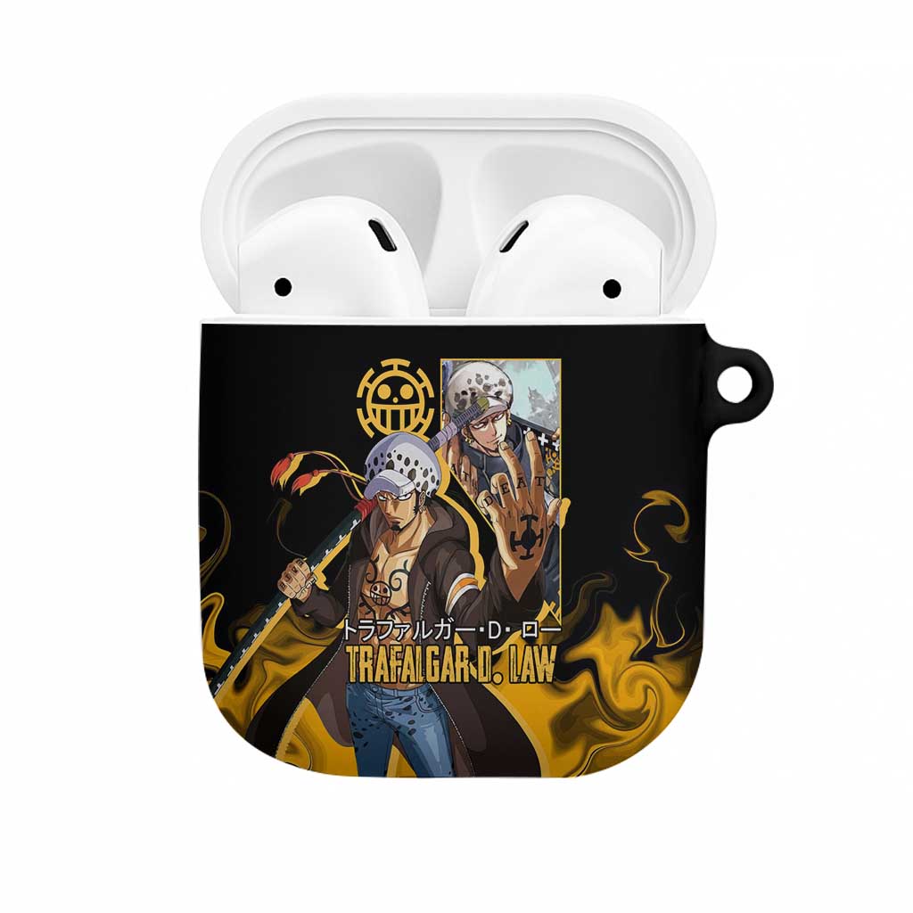 Trafalgar D. Law One Piece Black and Yellow Theme AirPods Case with Heart Pirates Symbol and Flame Pattern Design - The Mazicc