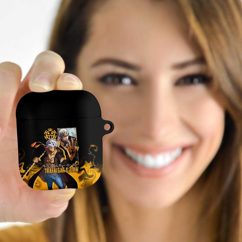 Trafalgar D. Law One Piece Black and Yellow Theme AirPods Case with Heart Pirates Symbol and Flame Pattern Design - The Mazicc