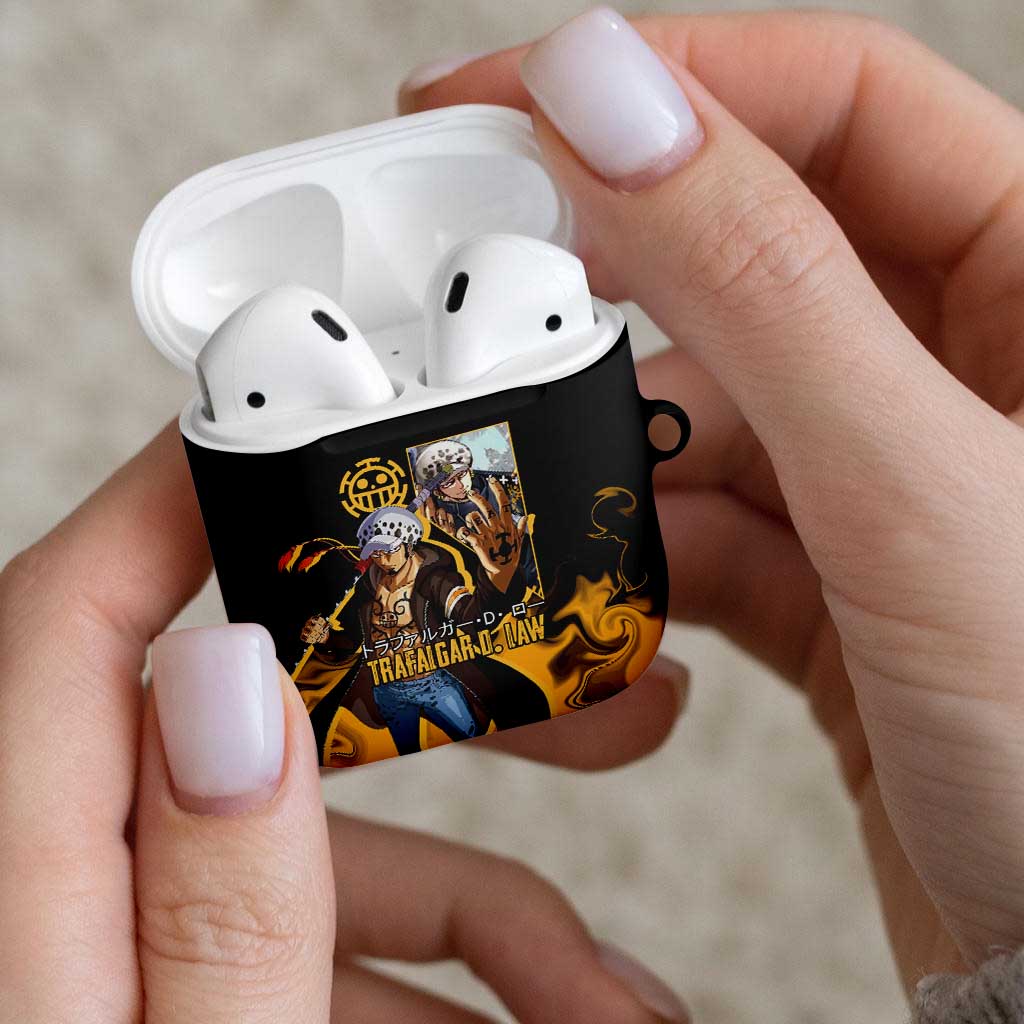 Trafalgar D. Law One Piece Black and Yellow Theme AirPods Case with Heart Pirates Symbol and Flame Pattern Design - The Mazicc