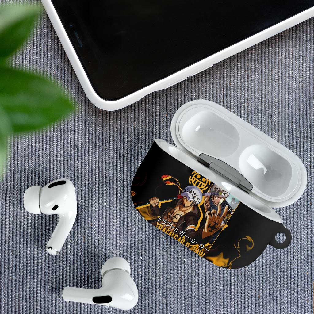 Trafalgar D. Law One Piece Black and Yellow Theme AirPods Case with Heart Pirates Symbol and Flame Pattern Design - The Mazicc