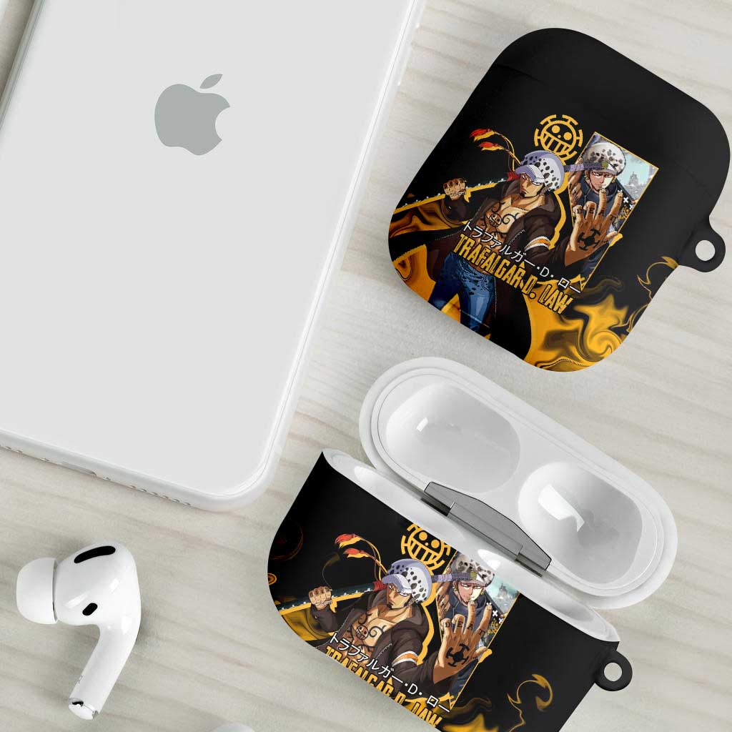 Trafalgar D. Law One Piece Black and Yellow Theme AirPods Case with Heart Pirates Symbol and Flame Pattern Design - The Mazicc