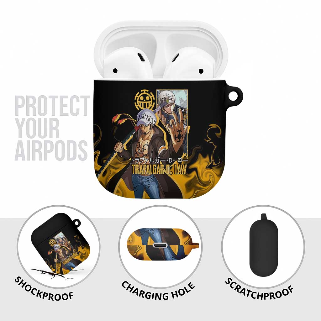Trafalgar D. Law One Piece Black and Yellow Theme AirPods Case with Heart Pirates Symbol and Flame Pattern Design - The Mazicc