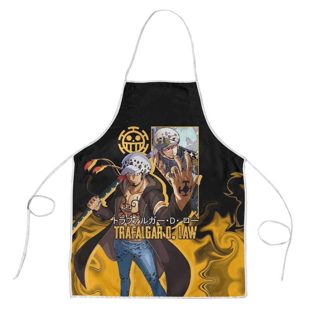 Trafalgar D. Law One Piece Black and Yellow Theme Apron with Heart Pirates Symbol and Flame Pattern Design - The Mazicc