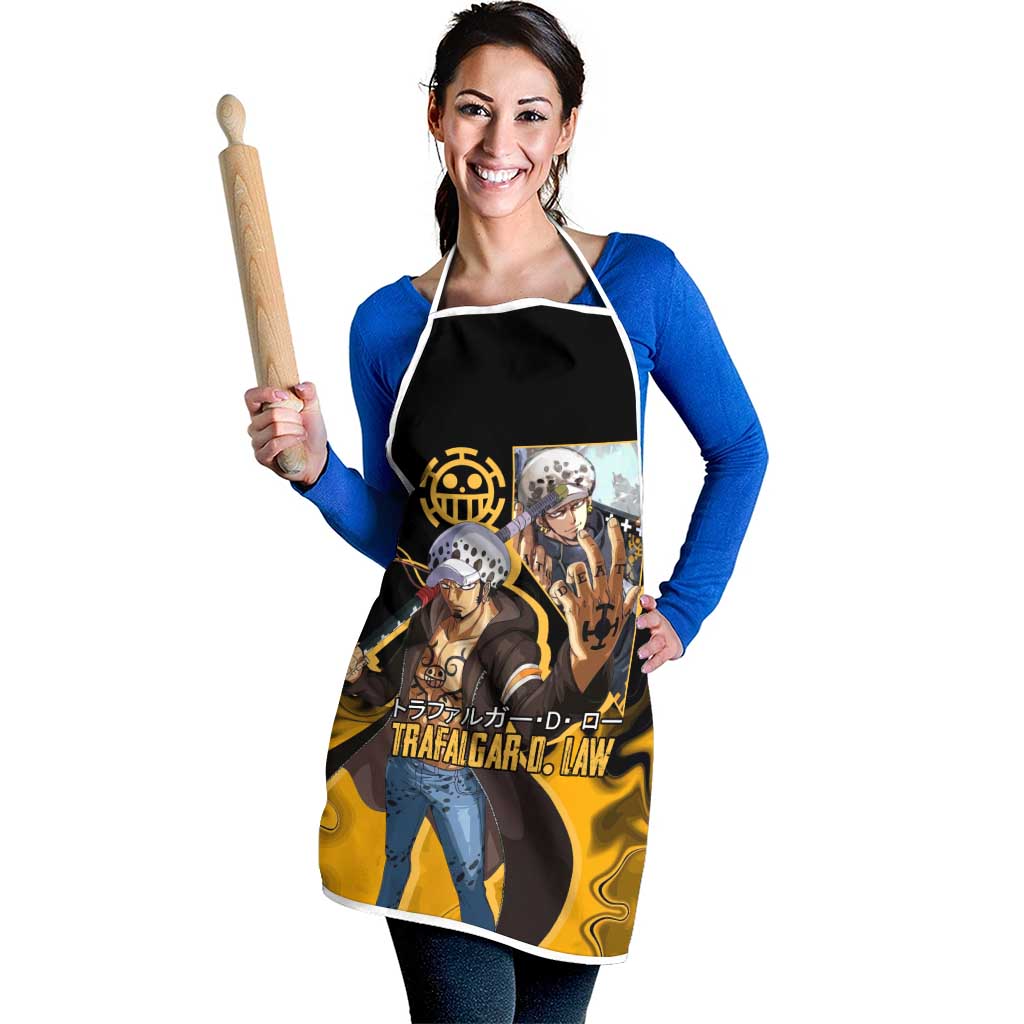 Trafalgar D. Law One Piece Black and Yellow Theme Apron with Heart Pirates Symbol and Flame Pattern Design - The Mazicc