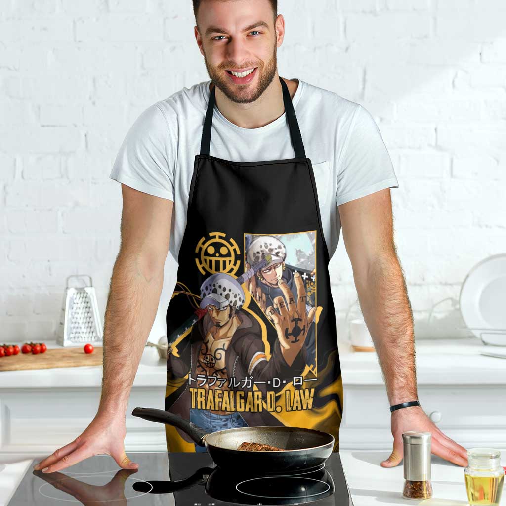 Trafalgar D. Law One Piece Black and Yellow Theme Apron with Heart Pirates Symbol and Flame Pattern Design - The Mazicc