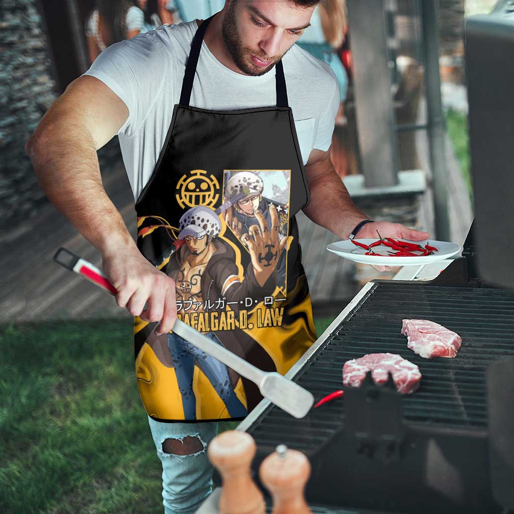 Trafalgar D. Law One Piece Black and Yellow Theme Apron with Heart Pirates Symbol and Flame Pattern Design - The Mazicc