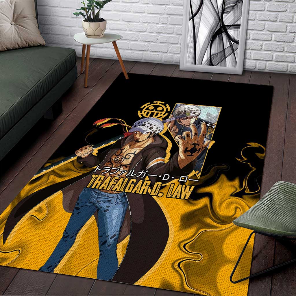 Trafalgar D. Law One Piece Black and Yellow Theme Area Rug with Heart Pirates Symbol and Flame Pattern Design - The Mazicc