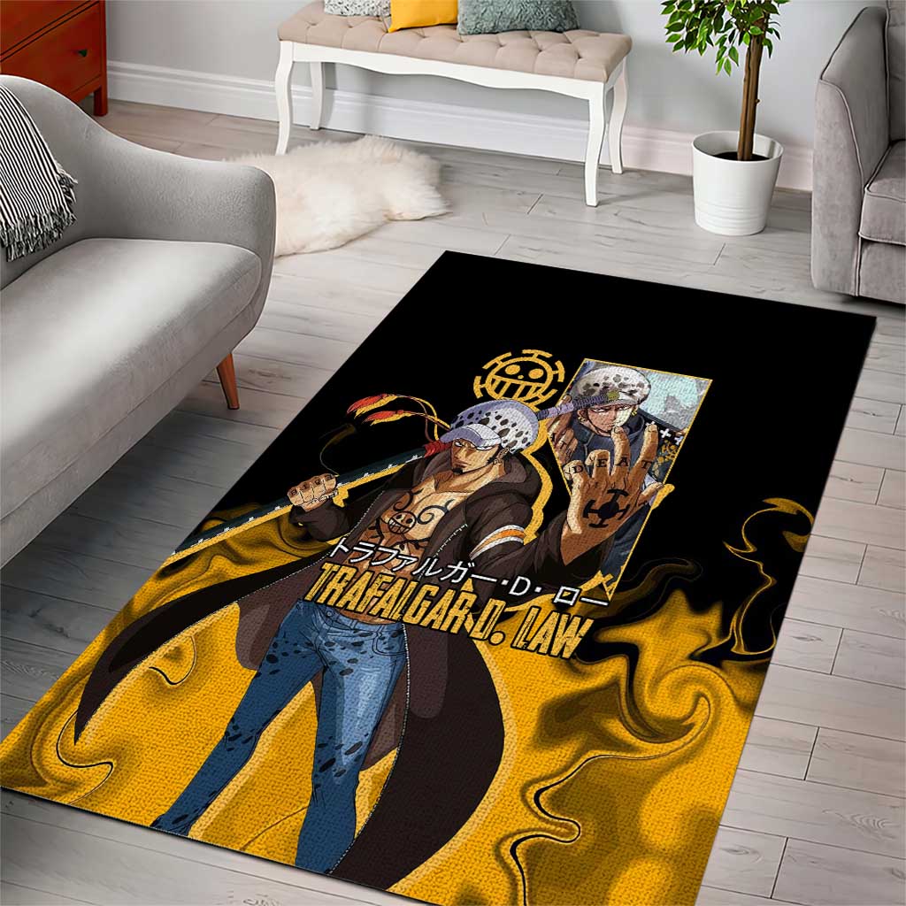 Trafalgar D. Law One Piece Black and Yellow Theme Area Rug with Heart Pirates Symbol and Flame Pattern Design - The Mazicc