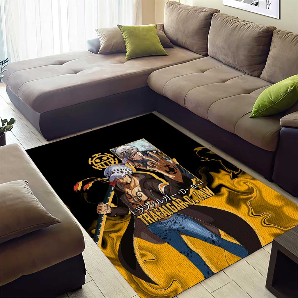 Trafalgar D. Law One Piece Black and Yellow Theme Area Rug with Heart Pirates Symbol and Flame Pattern Design - The Mazicc