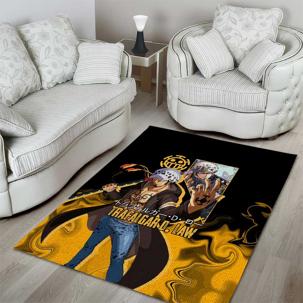 Trafalgar D. Law One Piece Black and Yellow Theme Area Rug with Heart Pirates Symbol and Flame Pattern Design - The Mazicc