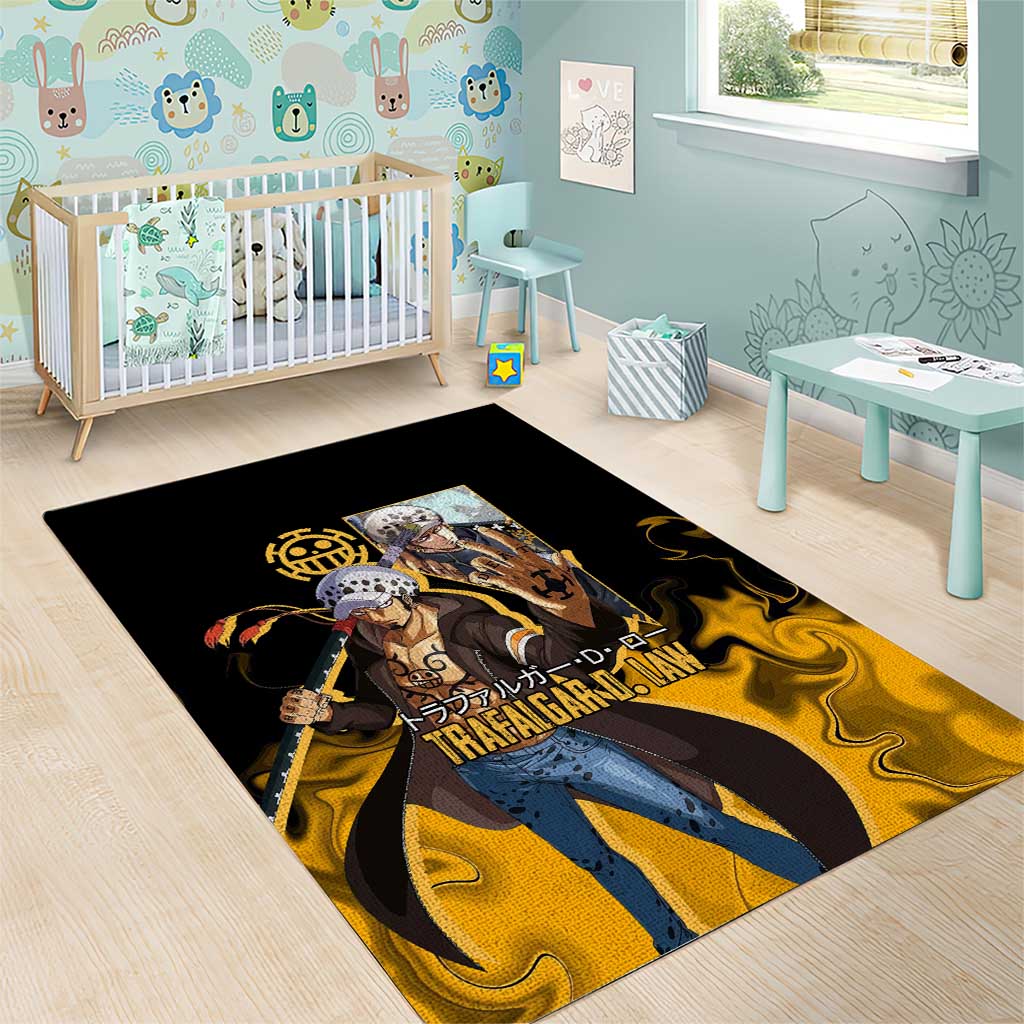 Trafalgar D. Law One Piece Black and Yellow Theme Area Rug with Heart Pirates Symbol and Flame Pattern Design - The Mazicc