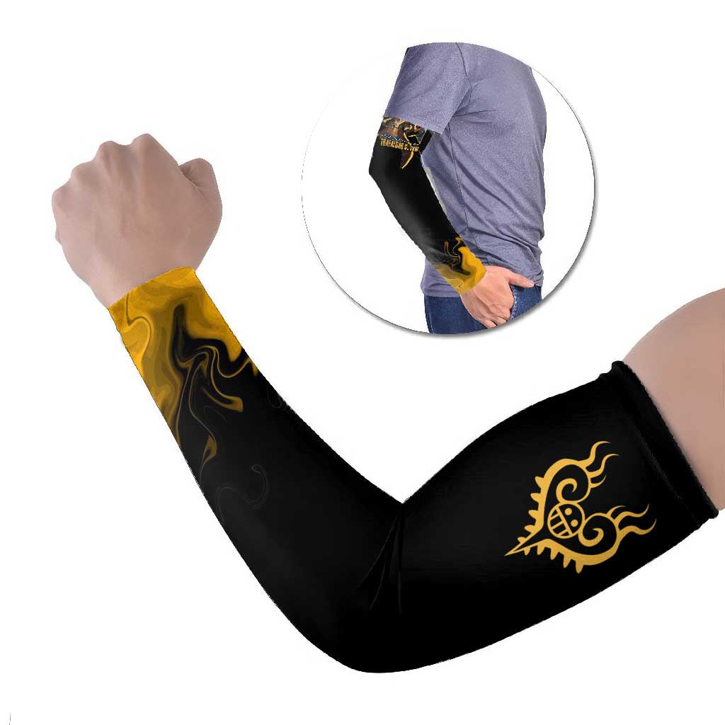 Trafalgar D. Law One Piece Black and Yellow Theme Arm Sleeves with Heart Pirates Symbol and Flame Pattern Design - The Mazicc