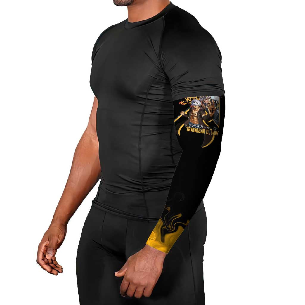 Trafalgar D. Law One Piece Black and Yellow Theme Arm Sleeves with Heart Pirates Symbol and Flame Pattern Design - The Mazicc