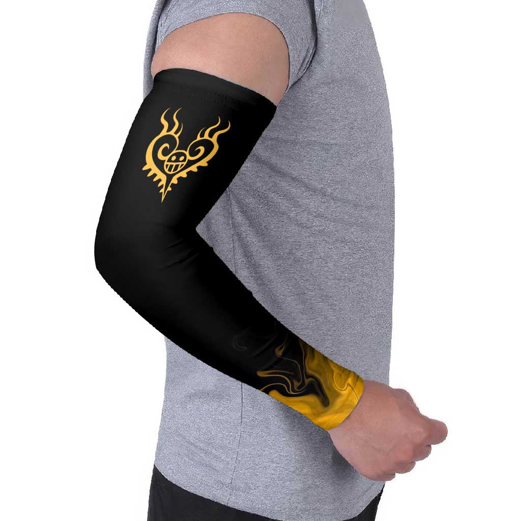 Trafalgar D. Law One Piece Black and Yellow Theme Arm Sleeves with Heart Pirates Symbol and Flame Pattern Design - The Mazicc