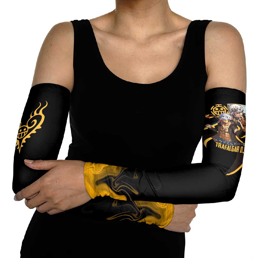 Trafalgar D. Law One Piece Black and Yellow Theme Arm Sleeves with Heart Pirates Symbol and Flame Pattern Design - The Mazicc