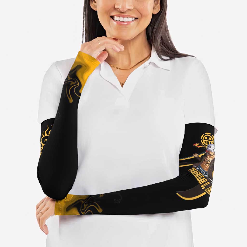 Trafalgar D. Law One Piece Black and Yellow Theme Arm Sleeves with Heart Pirates Symbol and Flame Pattern Design - The Mazicc
