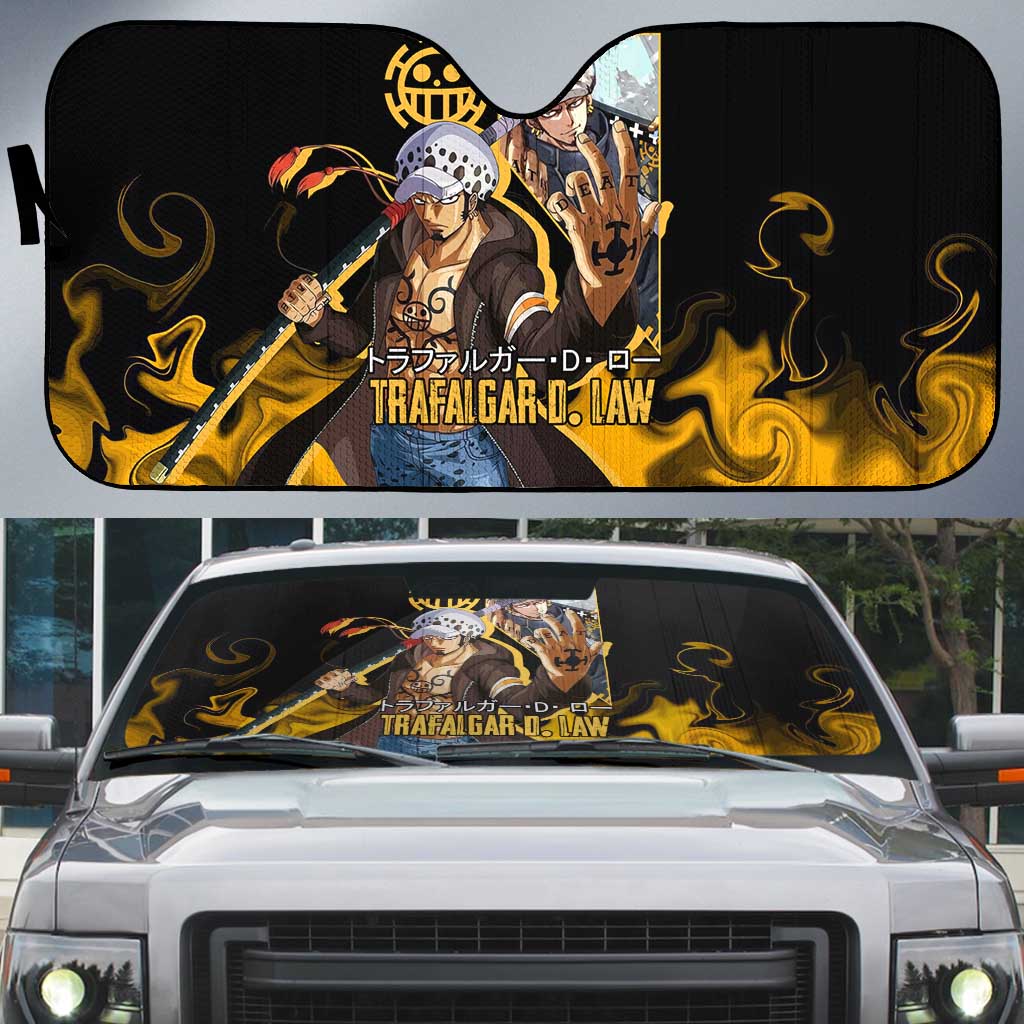 Trafalgar D. Law One Piece Black and Yellow Theme Auto Sun Shade with Heart Pirates Symbol and Flame Pattern Design - The Mazicc