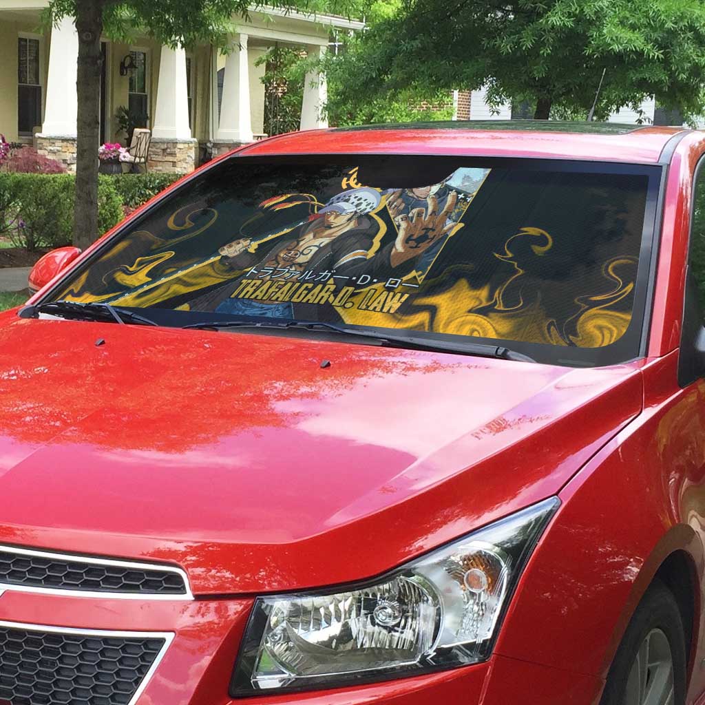 Trafalgar D. Law One Piece Black and Yellow Theme Auto Sun Shade with Heart Pirates Symbol and Flame Pattern Design - The Mazicc