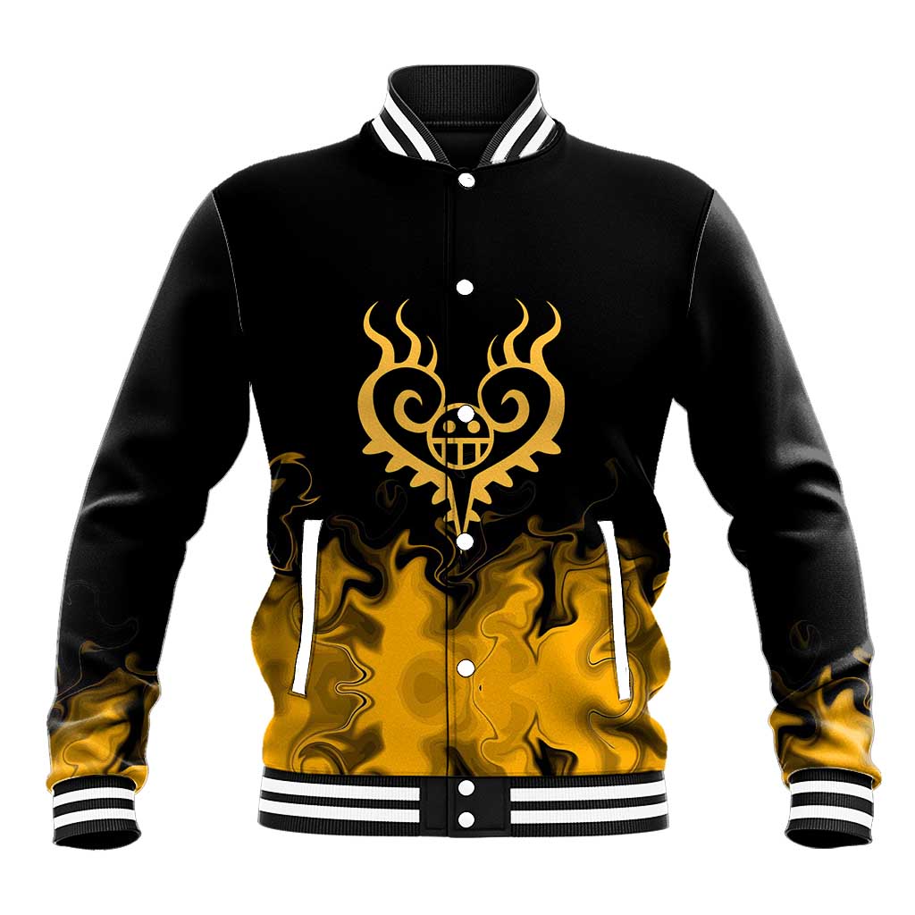 Trafalgar D. Law One Piece Black and Yellow Theme Baseball Jacket with Heart Pirates Symbol and Flame Pattern Design - The Mazicc