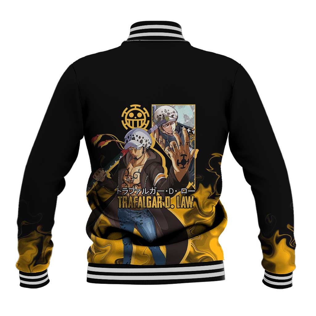 Trafalgar D. Law One Piece Black and Yellow Theme Baseball Jacket with Heart Pirates Symbol and Flame Pattern Design - The Mazicc