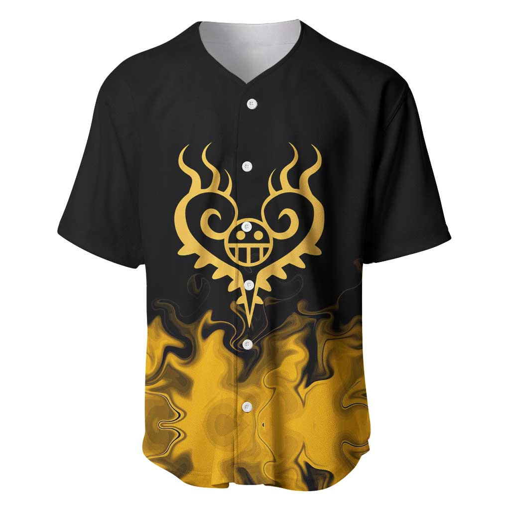Trafalgar D. Law One Piece Black and Yellow Theme Baseball Jersey with Heart Pirates Symbol and Flame Pattern Design - The Mazicc