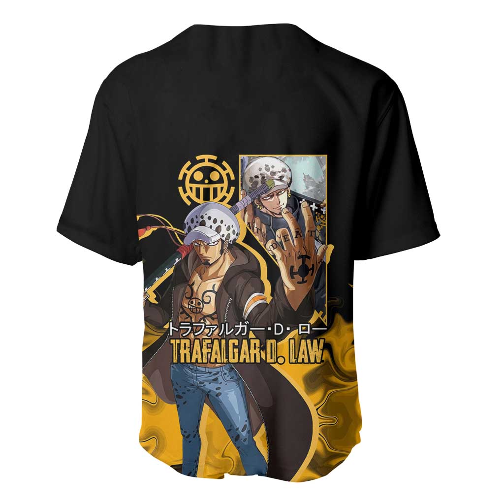 Trafalgar D. Law One Piece Black and Yellow Theme Baseball Jersey with Heart Pirates Symbol and Flame Pattern Design - The Mazicc