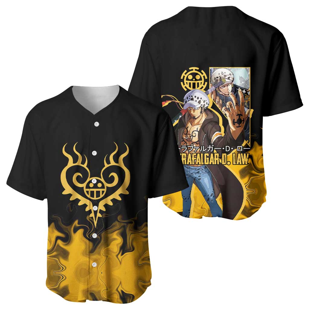 Trafalgar D. Law One Piece Black and Yellow Theme Baseball Jersey with Heart Pirates Symbol and Flame Pattern Design - The Mazicc