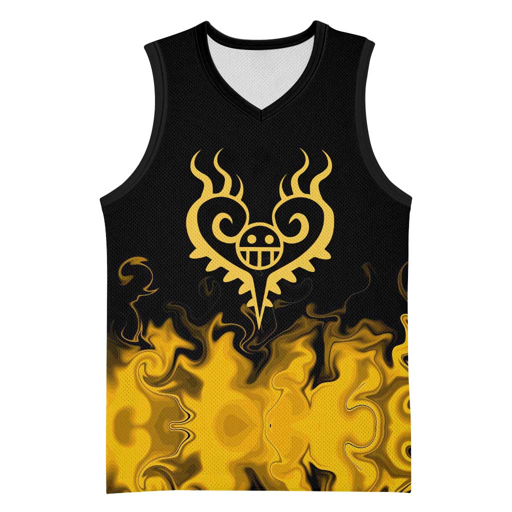 Trafalgar D. Law One Piece Black and Yellow Theme Basketball Jersey with Heart Pirates Symbol and Flame Pattern Design - The Mazicc
