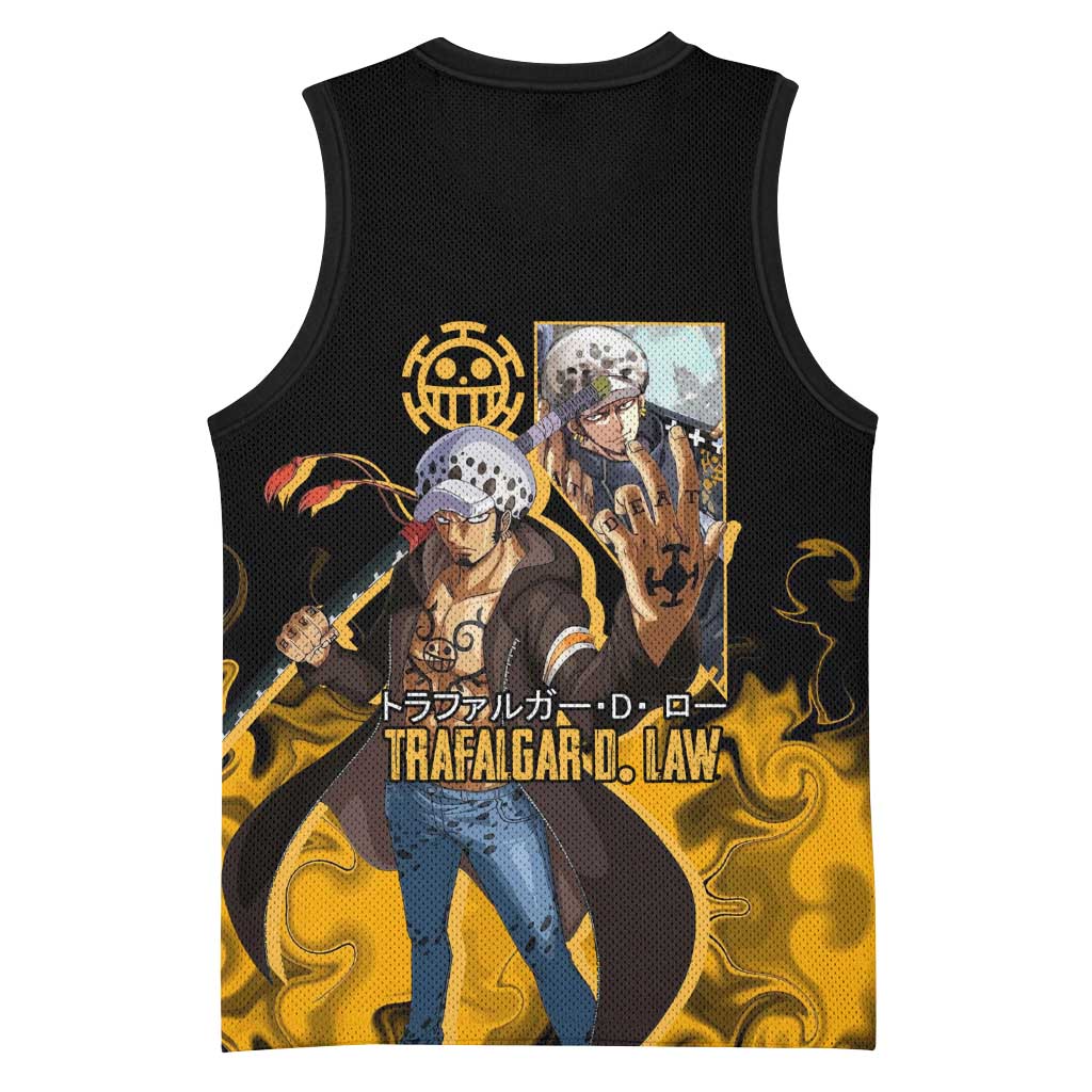 Trafalgar D. Law One Piece Black and Yellow Theme Basketball Jersey with Heart Pirates Symbol and Flame Pattern Design - The Mazicc
