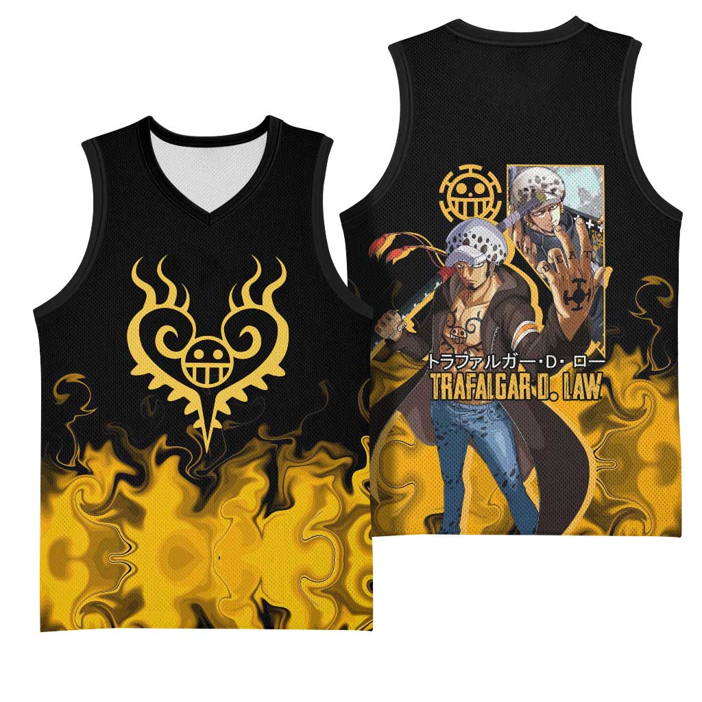 Trafalgar D. Law One Piece Black and Yellow Theme Basketball Jersey with Heart Pirates Symbol and Flame Pattern Design - The Mazicc