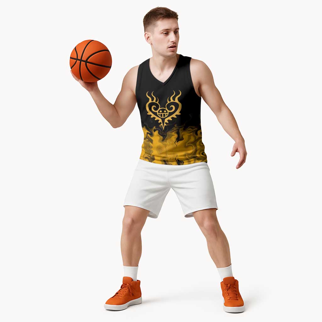 Trafalgar D. Law One Piece Black and Yellow Theme Basketball Jersey with Heart Pirates Symbol and Flame Pattern Design - The Mazicc