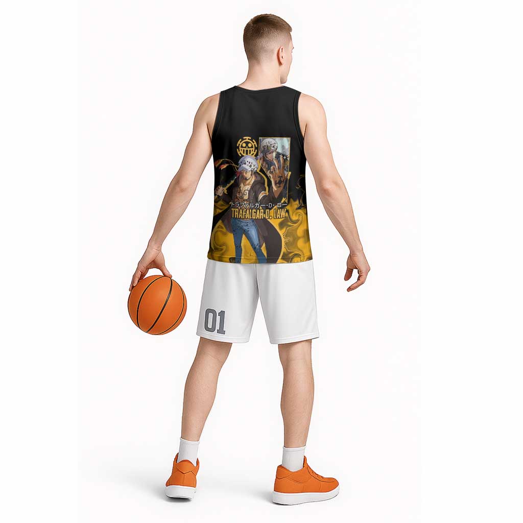Trafalgar D. Law One Piece Black and Yellow Theme Basketball Jersey with Heart Pirates Symbol and Flame Pattern Design - The Mazicc