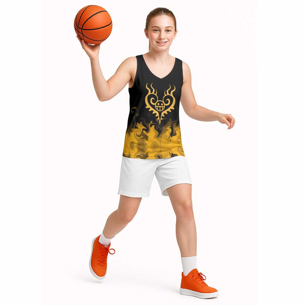 Trafalgar D. Law One Piece Black and Yellow Theme Basketball Jersey with Heart Pirates Symbol and Flame Pattern Design - The Mazicc