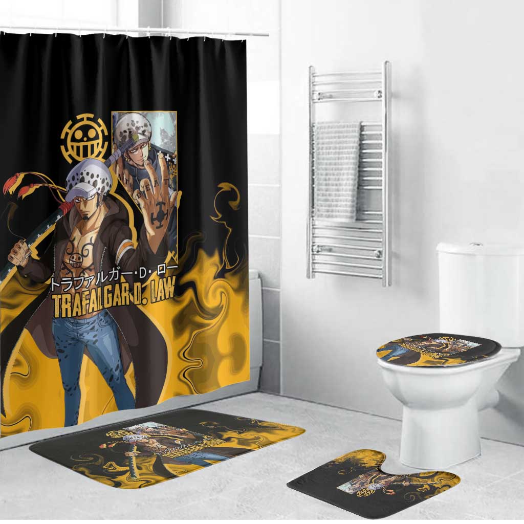 Trafalgar D. Law One Piece Black and Yellow Theme Bathroom Set with Heart Pirates Symbol and Flame Pattern Design - The Mazicc