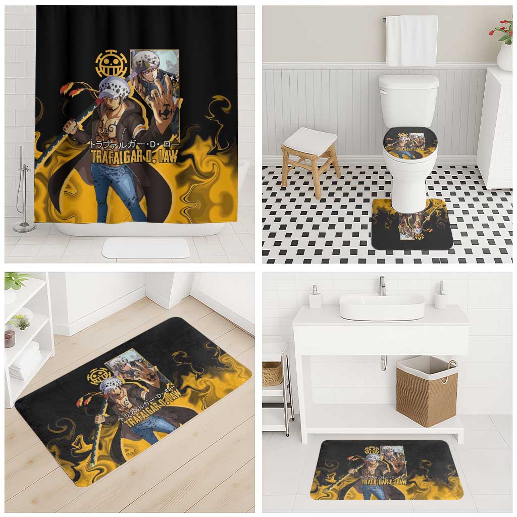 Trafalgar D. Law One Piece Black and Yellow Theme Bathroom Set with Heart Pirates Symbol and Flame Pattern Design - The Mazicc