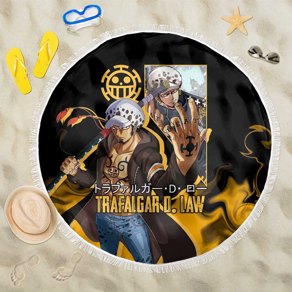 Trafalgar D. Law One Piece Black and Yellow Theme Beach Blanket with Heart Pirates Symbol and Flame Pattern Design - The Mazicc
