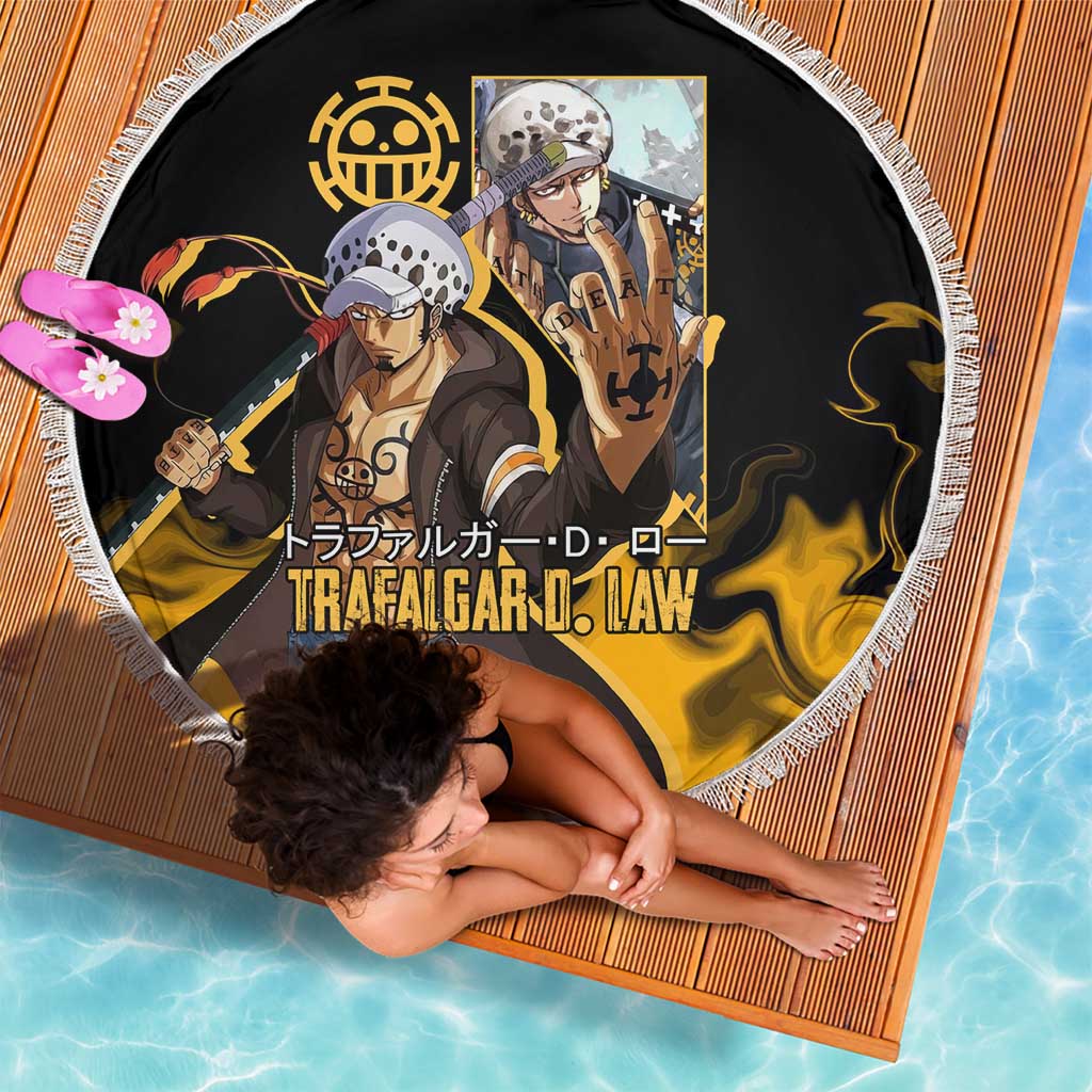 Trafalgar D. Law One Piece Black and Yellow Theme Beach Blanket with Heart Pirates Symbol and Flame Pattern Design - The Mazicc