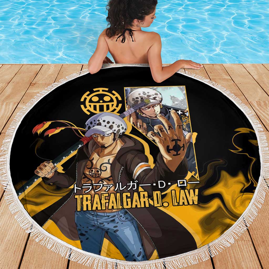 Trafalgar D. Law One Piece Black and Yellow Theme Beach Blanket with Heart Pirates Symbol and Flame Pattern Design - The Mazicc