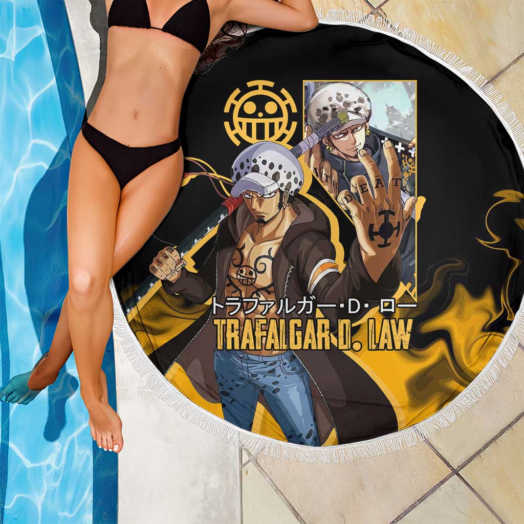 Trafalgar D. Law One Piece Black and Yellow Theme Beach Blanket with Heart Pirates Symbol and Flame Pattern Design - The Mazicc
