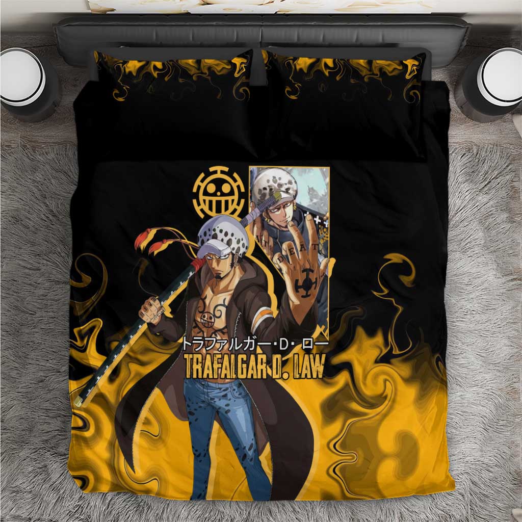 Trafalgar D. Law One Piece Black and Yellow Theme Bedding Set with Heart Pirates Symbol and Flame Pattern Design - The Mazicc