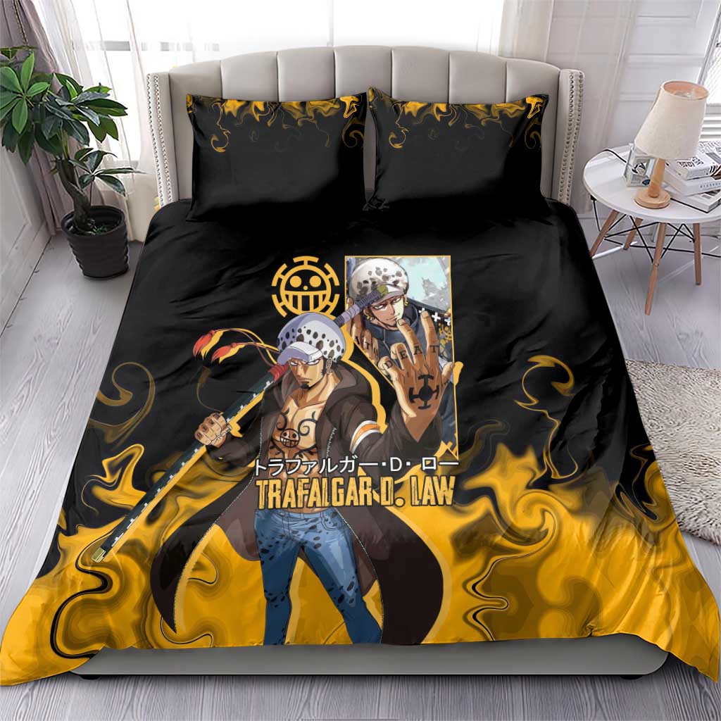 Trafalgar D. Law One Piece Black and Yellow Theme Bedding Set with Heart Pirates Symbol and Flame Pattern Design - The Mazicc